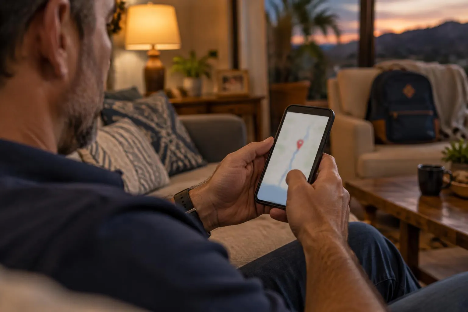 Un padre mira desde su sala, en el celular, la ubicación de su hijo