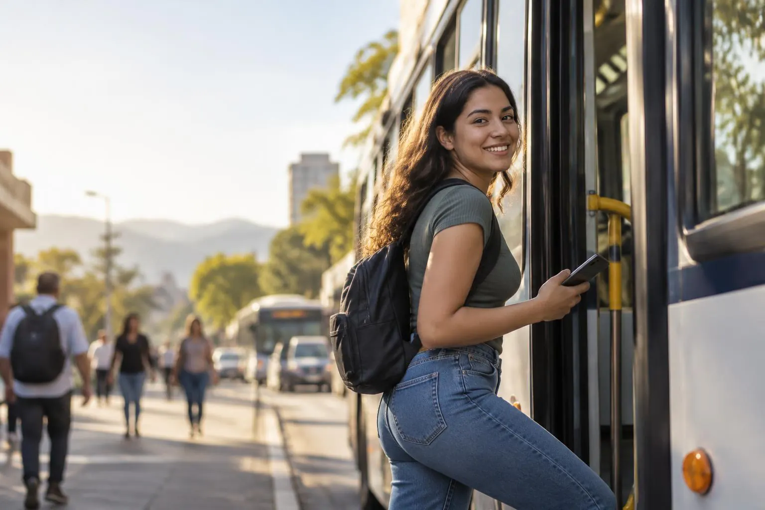 Una pasajera sonríe mientras sube a su bus con el celular en la mano
